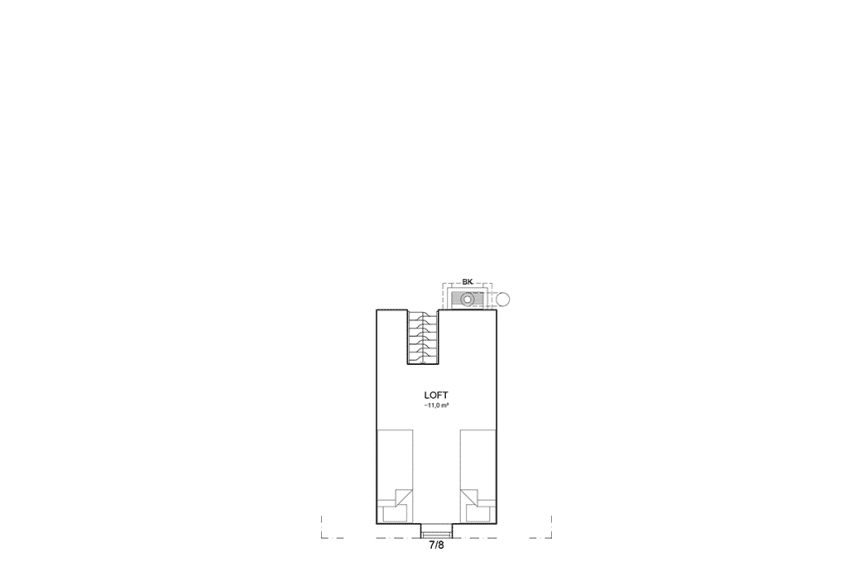 Planritning loftplan fjällstuga med loft 79 kvm Abisko 101 loft spegelvänd