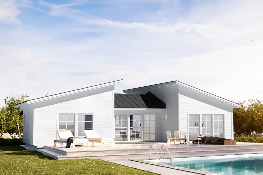 Form 107, modernt h-hus enplanshus med pulpettak 88 kvm i miljö med pool