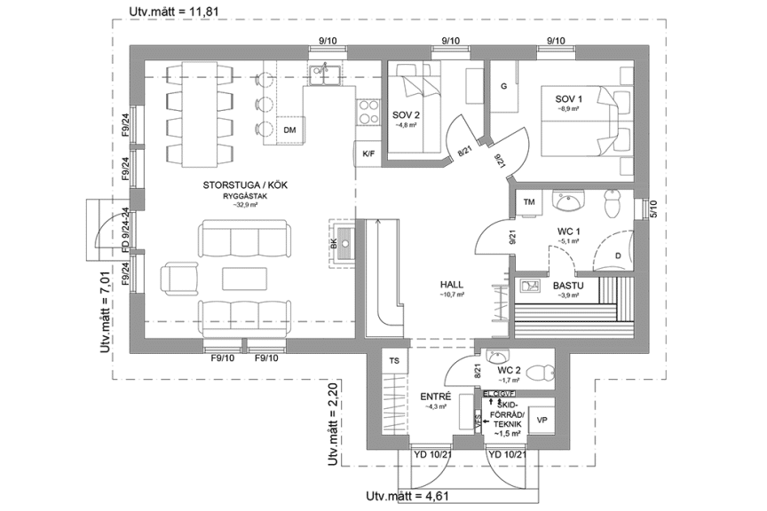 Planritning entreplan fjällstuga med loft 101 kvm Sonfjället 35-93