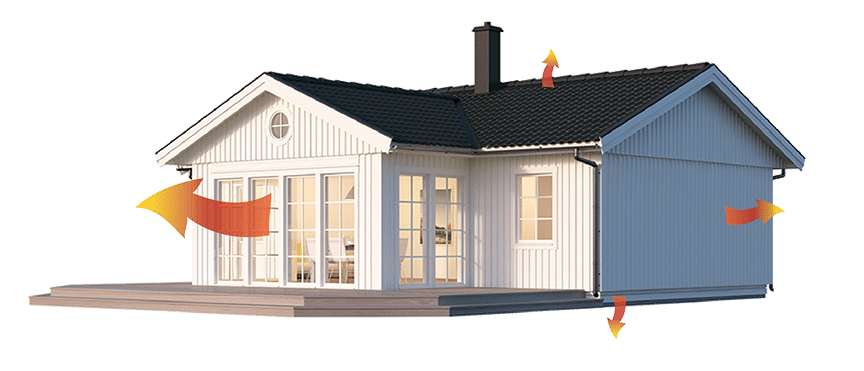 Illustration av värmeförlust ur ett hus för att visa energiförbrukning.