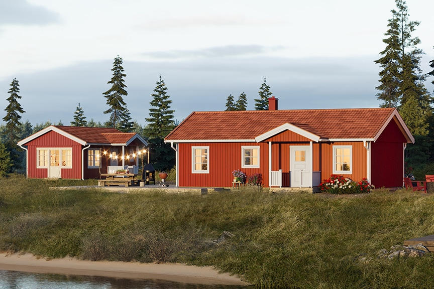 Rött hus stuga med vita knutar Dalarö i skogsmiljö